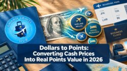 A collage showing airline miles, hotel rewards, business class, a $100 bill, travel items, and the text: Dollar to Points 2026—Converting Cash Prices Into Real Points Value in 2026.