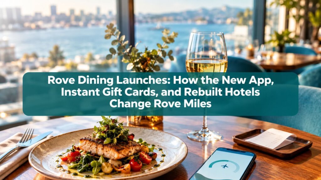 Rove Dining Launches: How the New App, Instant Gift Cards, and Rebuilt Hotels Change Rove Miles A restaurant table with grilled fish, salad, a glass of white wine, and a phone displaying an app; city skyline and water are visible through large windows. Text overlay discusses dining, gift cards, hotels, the upcoming launch of Rove Dining 2026, and exciting new app features.