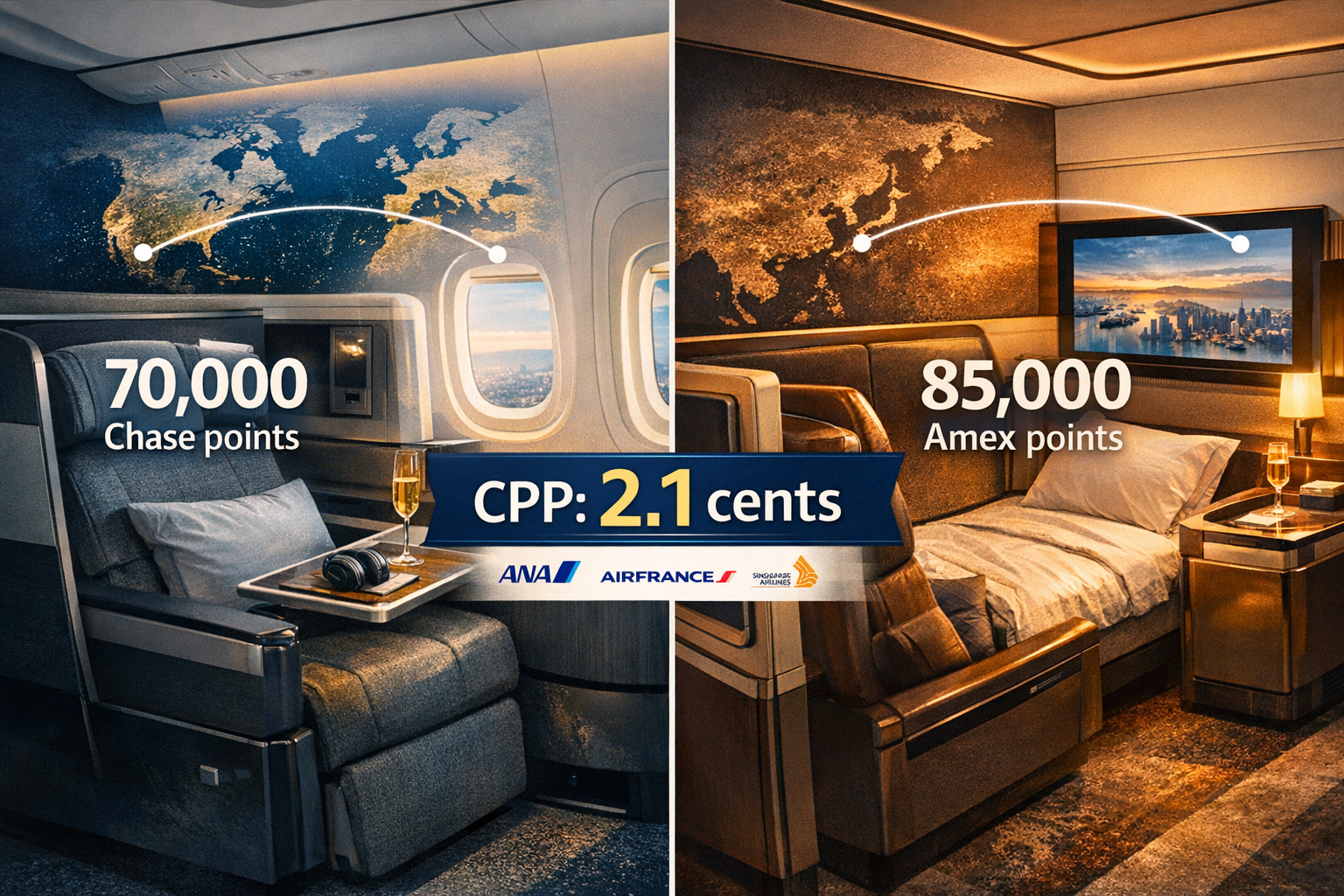 Best Transferable Points Programs 2026 Landscape format (1536x1024) concept illustration demonstrating premium cabin redemption sweet spots across different programs. Split-screen