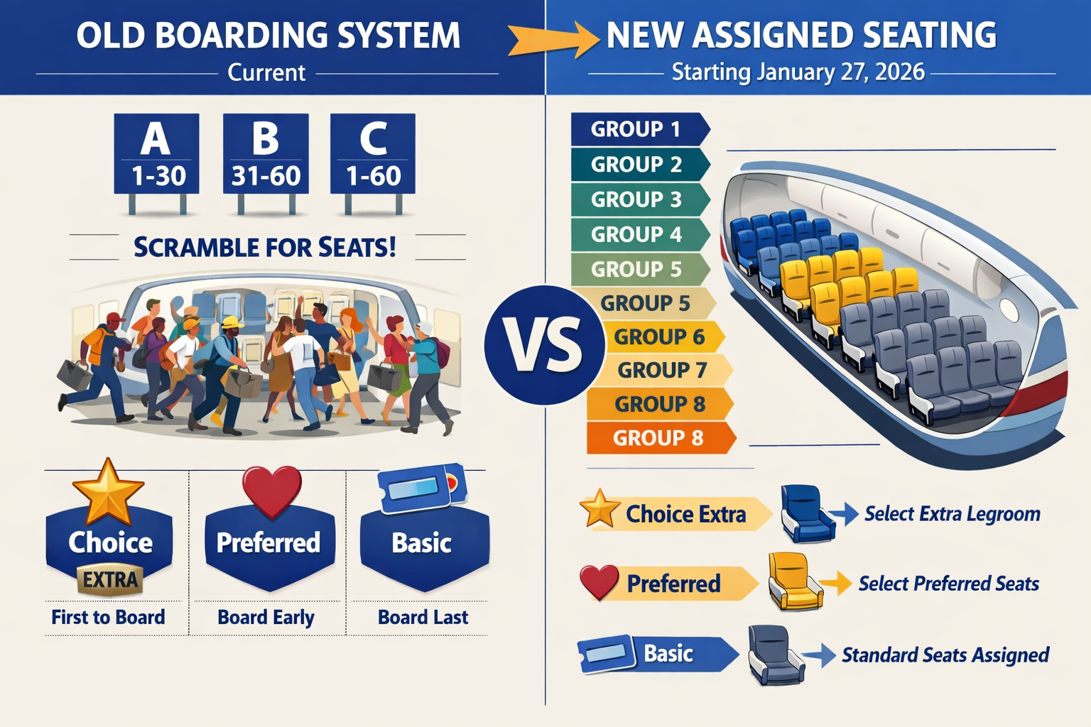 Southwest Assigned Seating January 27: Complete Rapid Rewards Member Guide Detailed infographic illustration (1536x1024) showing side-by-side comparison of Southwest's old boarding system versus new January 2026 ass