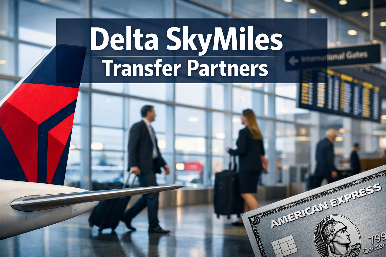 Delta SkyMiles Transfer Partners Professional landscape format (1536x1024) hero image featuring bold text overlay 'Delta SkyMiles Transfer Partners' in extra large 72pt whit