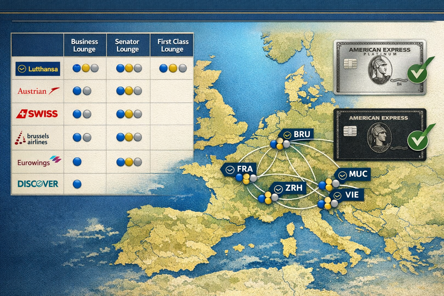 Amex Platinum’s Expanded Lufthansa Lounge Access: What It Really Means for Your 2026 Europe Trips Detailed landscape format (1536x1024) infographic-style image showing comprehensive map of Europe with major airport hubs highlighted (Frank