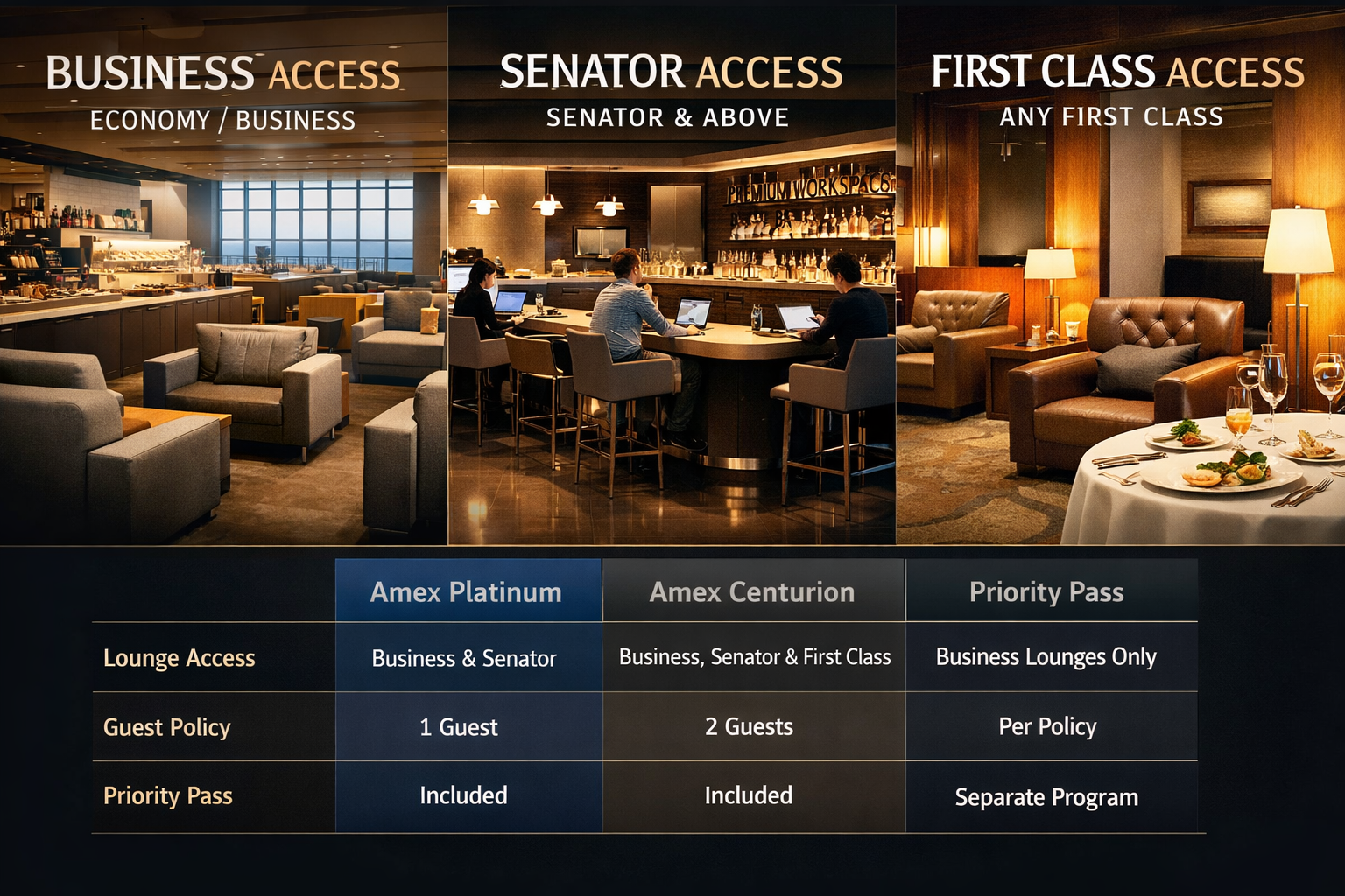 Amex Platinum’s Expanded Lufthansa Lounge Access: What It Really Means for Your 2026 Europe Trips Detailed landscape format (1536x1024) comparison visualization showing three distinct lounge interior scenes side-by-side: left panel displa