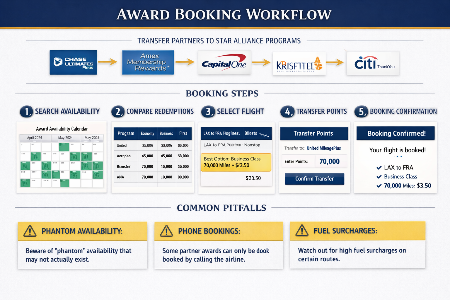 How to Book Star Alliance Business Class Awards: Step-by-Step Guide for 2026 Comprehensive step-by-step visual guide (1536x1024) showing award booking workflow from search to confirmation. Top section displays credit