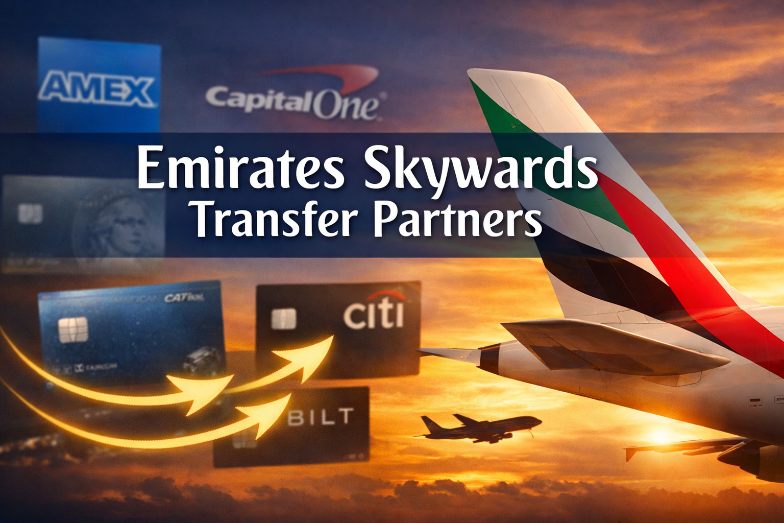 Emirates Skywards Transfer Partners Professional landscape format (1536x1024) editorial hero image featuring bold text overlay 'Emirates Skywards Transfer Partners' in extra la