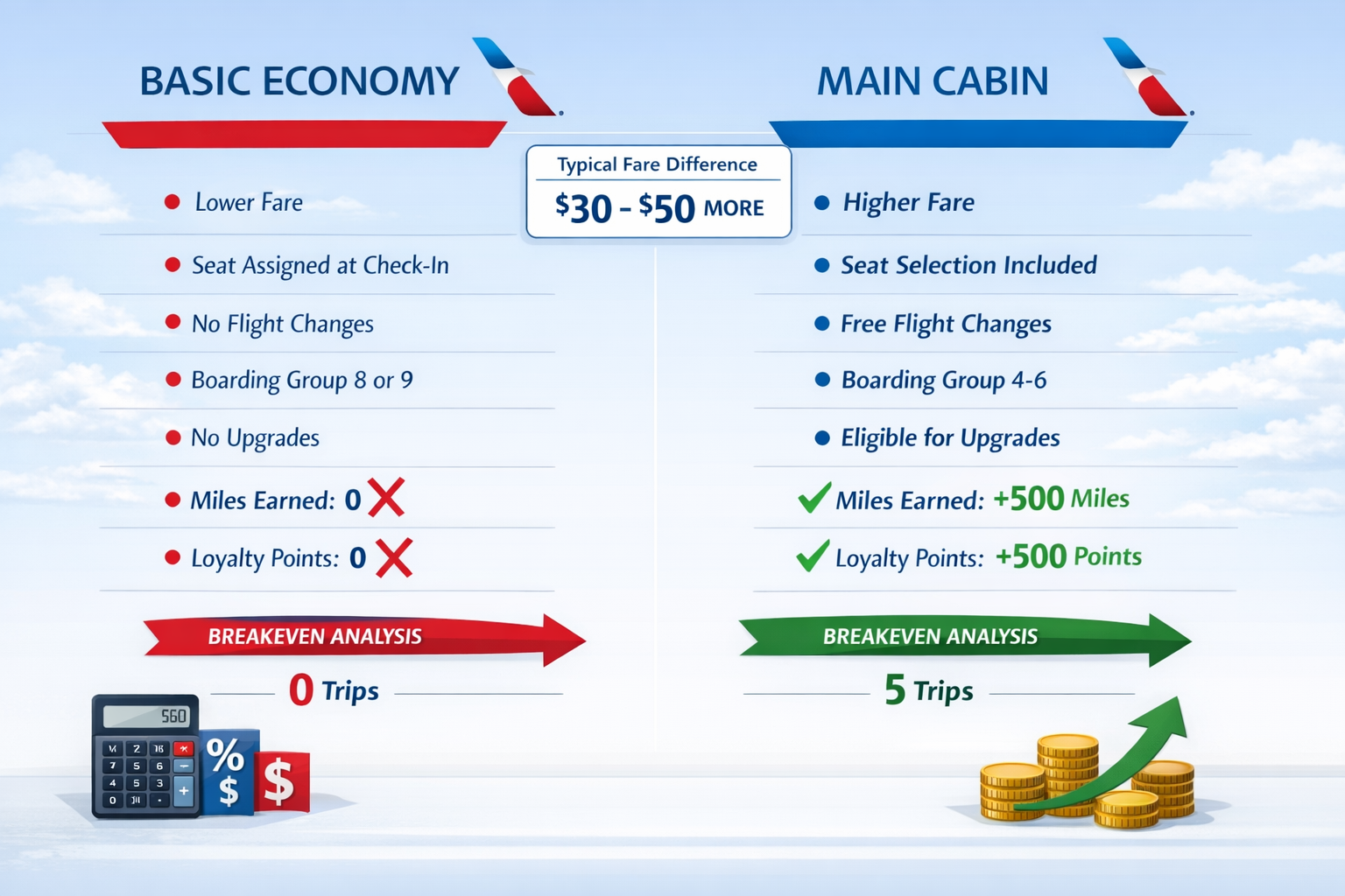 American Airlines Basic Economy Changes: No More Miles or Loyalty Points Detailed infographic-style landscape image (1536x1024) showing side-by-side comparison chart of American Airlines Basic Economy versus Main