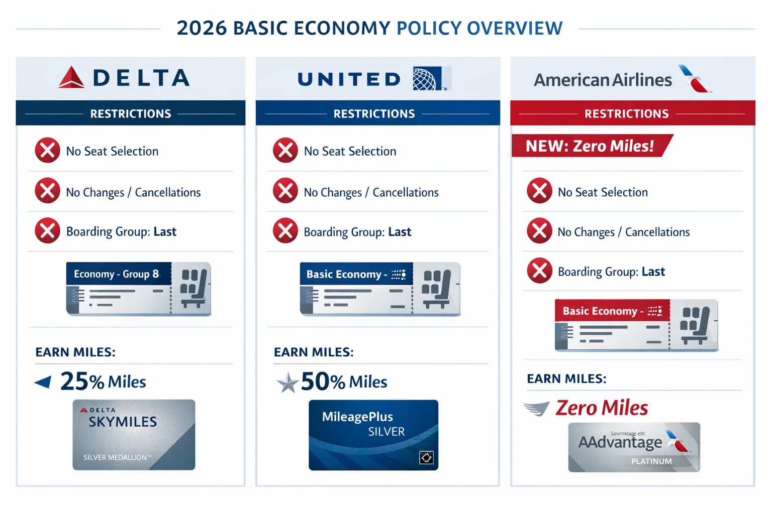American Airlines Basic Economy Changes: No More Miles or Loyalty Points Professional landscape editorial image (1536x1024) depicting three-way comparison grid of Delta, United, and American Airlines basic economy