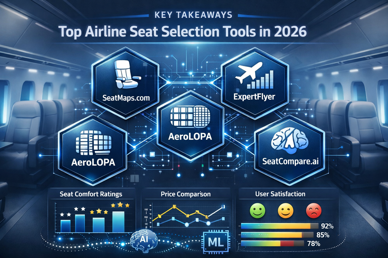 Best Tools to Find Good Airline Seats in 2026 Infographic-style editorial image for 'Key Takeaways' section, featuring a sleek digital dashboard visualization showcasing top airline seat