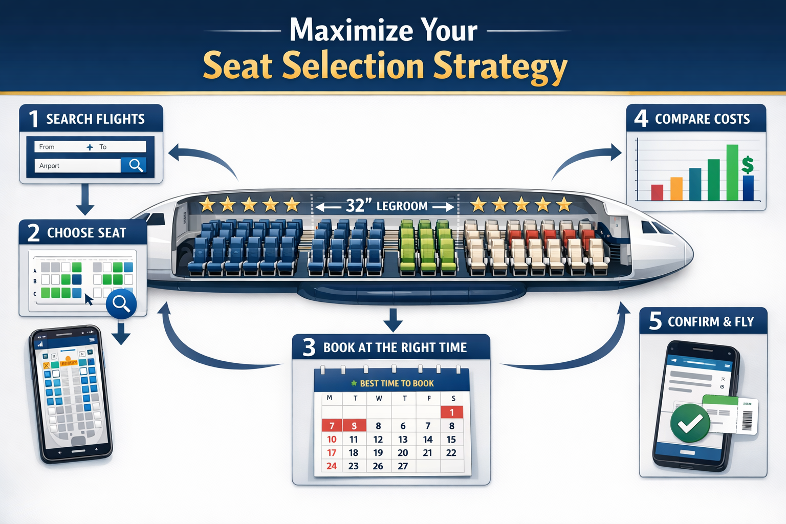 Best Tools to Find Good Airline Seats in 2026 Landscape format (1536x1024) infographic-style image showing step-by-step airline seat selection strategy workflow. Visual flowchart with nu