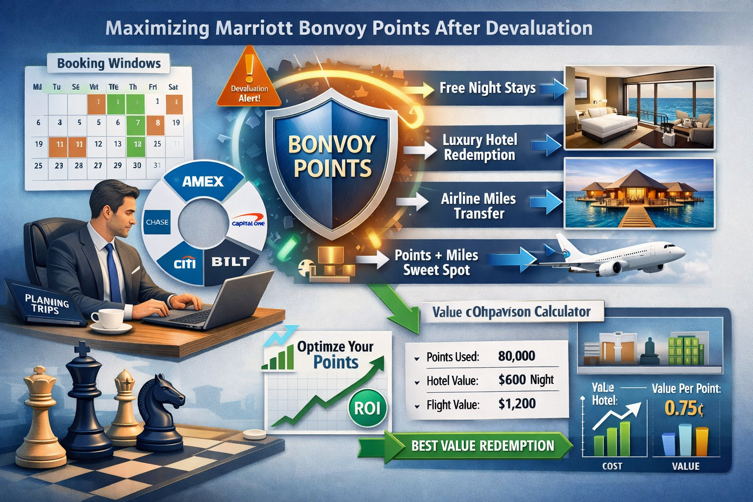 Marriott Bonvoy Points Devaluation 2026 Update Strategic planning concept illustration (1536x1024) showing decision framework for maximizing Marriott Bonvoy points post-devaluation. Visua