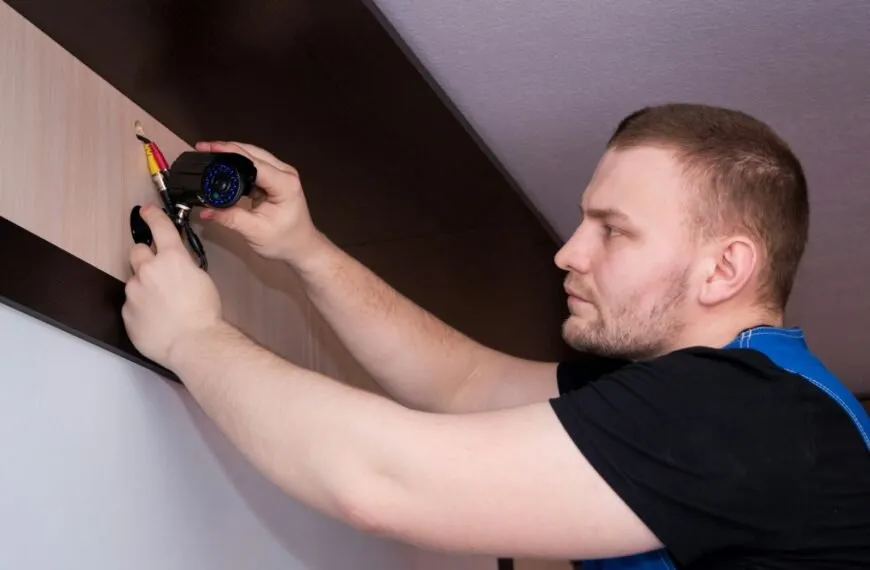 Un employé d'Ax-IT installant une caméra de vidéo surveillance