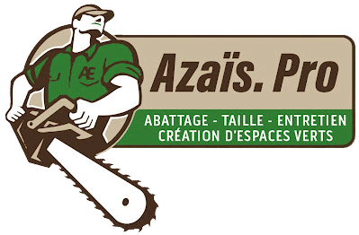 Logo d'Azaïs Pro présentant une illustration d'une personne utilisant une tronçonneuse. Le texte à droite indique « Abattage - Taille - Entretien, Création d'espaces verts » dans l'en-tête.