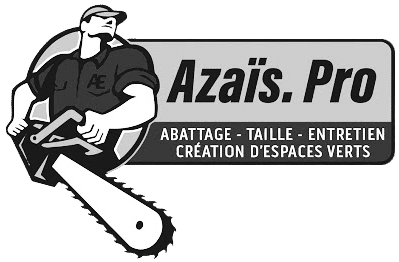 Logo d'Azaïs Pro représentant une personne tenant une tronçonneuse avec le texte indiquant « Abattage - Taille - Entretien - Création d'espaces verts ». Au pied de page, vous trouverez des informations détaillées sur leurs services.