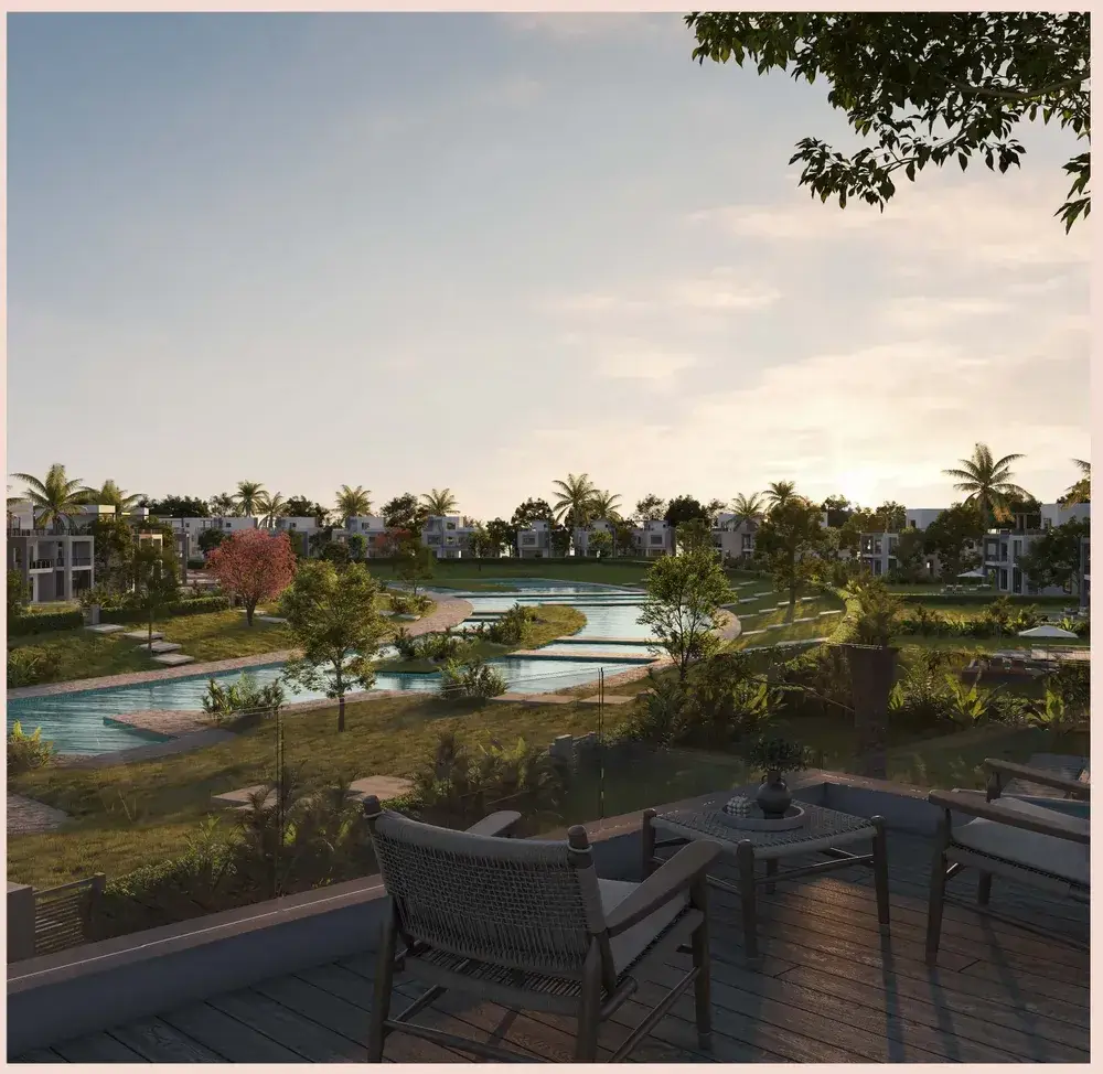 The Crown Palm Hills October 7 Terrace view across landscaped water features at The Crown Extension