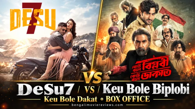 DeSu7 and Keu Bole Biplobi Keu Bole Dakat poster artwork side by side, featuring Dev, Subhashree, Jeet and Tota Roy Choudhury.