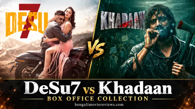 DeSu7 and Khadaan poster artwork, featuring Dev and Subhashree alongside Dev’s Khadaan character.