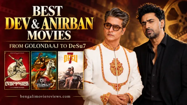 Dev in a black suit and Anirban Bhattacharya in white, with Golondaaj, Raghu Dakat and DeSu7 posters