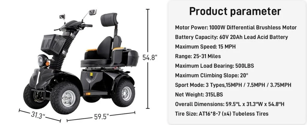 Heavy Duty 4 Wheel Mobility Scooter, All-Terrain Electric Mobility Scooters for Seniors and Adults 1000W- Fat Tire, Adjustable Seat and Handle, Long Range, 500lbs Capacity, USB Charger Port WIILAYOK heavy duty all terrain mobility scooters