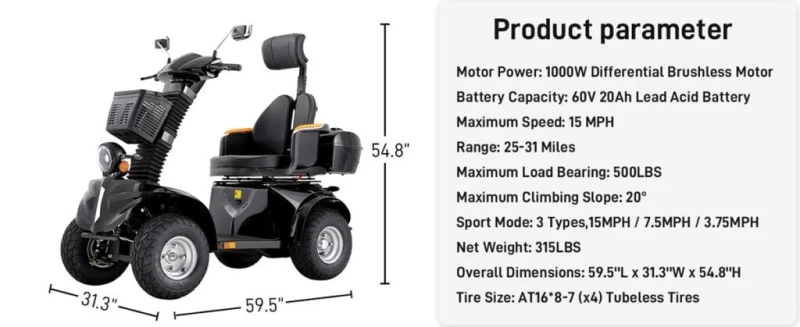 Heavy Duty 4 Wheel Mobility Scooter, All-Terrain Electric Mobility Scooters for Seniors and Adults 1000W- Fat Tire, Adjustable Seat and Handle, Long Range, 500lbs Capacity, USB Charger Port WIILAYOK heavy duty all terrain mobility scooters