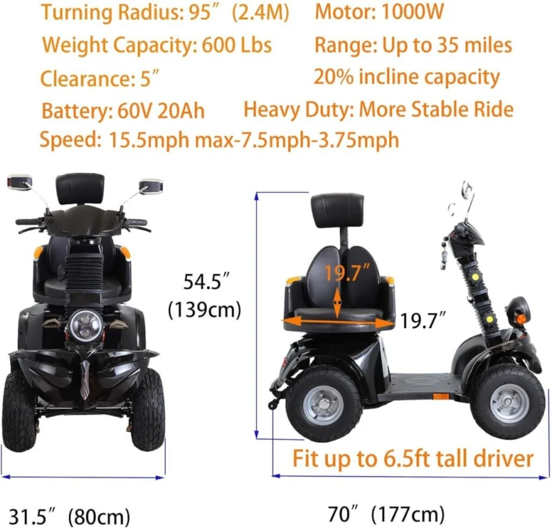 Mobility Scooters for Seniors Adults 600lbs Capacity, Heavy Duty 4-Wheel 3-Speed Electric Powered Wheelchair Device 1000W All Terrain, Elderly-Lockbox Adjustable Seat (DJD Black 1000W) Mobility Scooters for Seniors Adults 600lbs Capacity, Heavy Duty 4-Wheel 3-Speed Electric Powered Wheelchair Device 1000W All Terrain, Elderly-Lockbox Adjustable Seat (DJD Black 1000W)