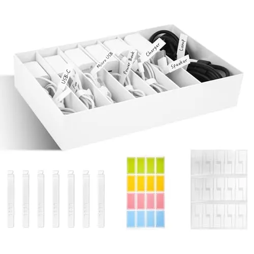 Cable Organizer Box with Adjustable Compartments and Labels