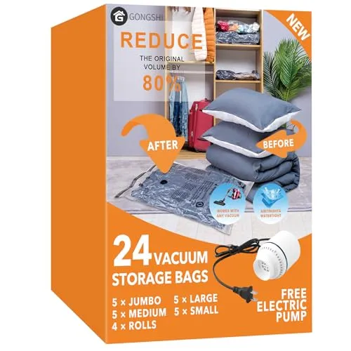 24 Pack Vacuum Storage Bags with Pump (Space Saver)