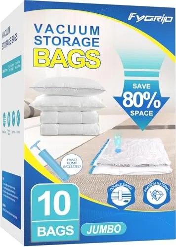 Fygrip Vacuum Storage Bags with Hand Pump (10 Jumbo)