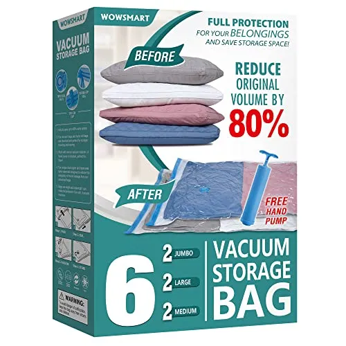 6 Pack Vacuum Storage Bags with Pump - 80% Space Saver