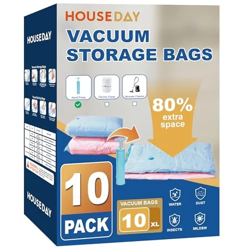 HOUSE DAY 10 Jumbo Vacuum Bags with Pump for Travel and Storage
