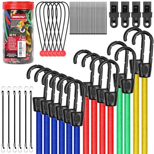 60-Piece Bungee Cords Assorted Sizes with Hooks
