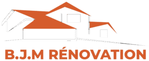 Logo de BJM Couverture représentant une maison orange stylisée avec texte.