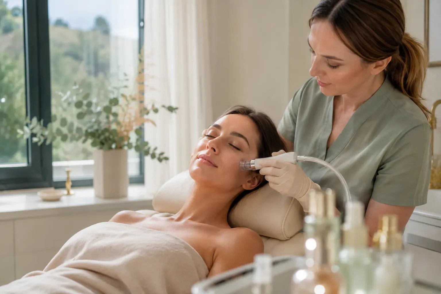 Bright editorial landscape photograph () of a serene modern cosmetic treatment room in Lower Austria: a woman in her early