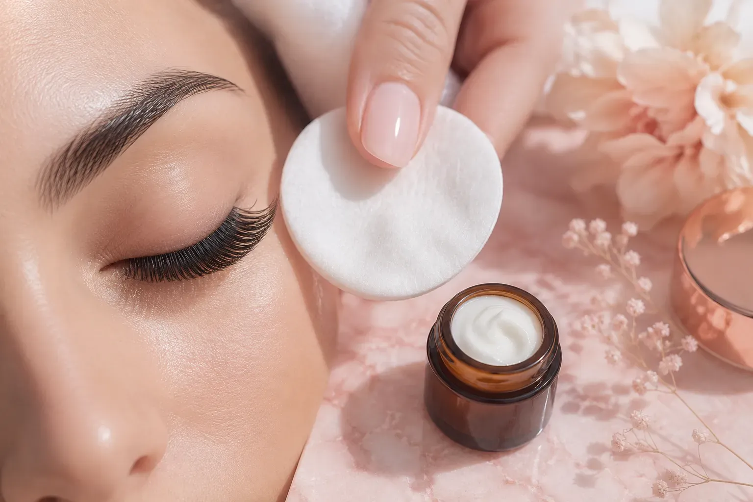 Editorial () close-up beauty photograph of a woman's closed eye with long luxurious lash extensions, a soft cotton pad