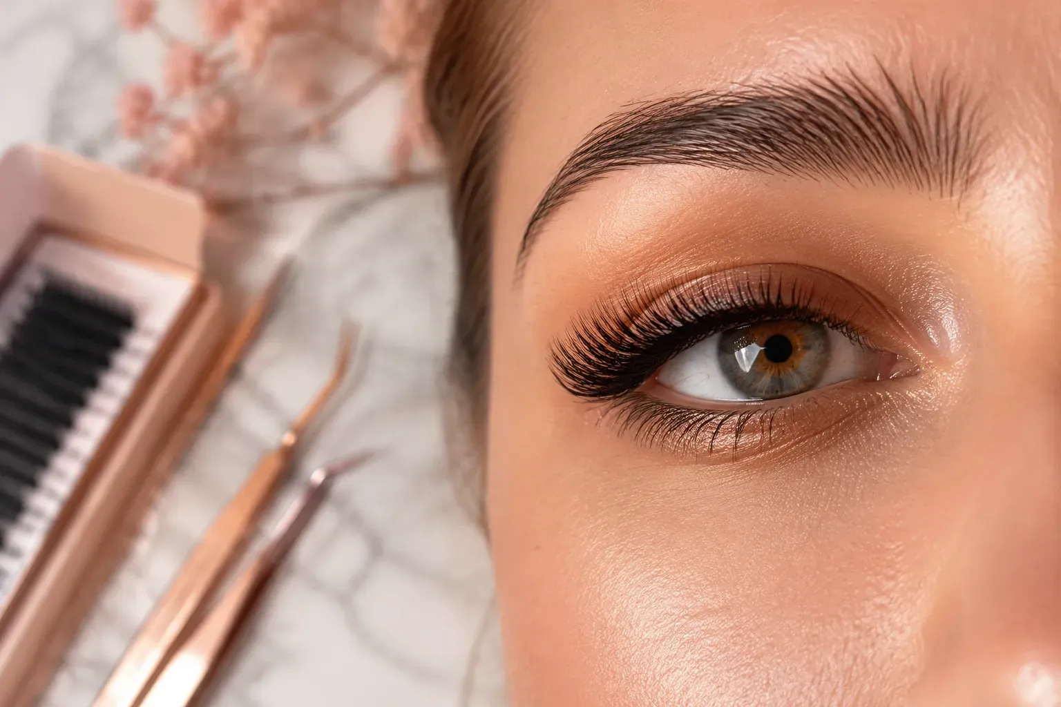 Editorial () close-up macro photograph of a woman's eye with luxurious professional lash extensions in a soft cat-eye style,