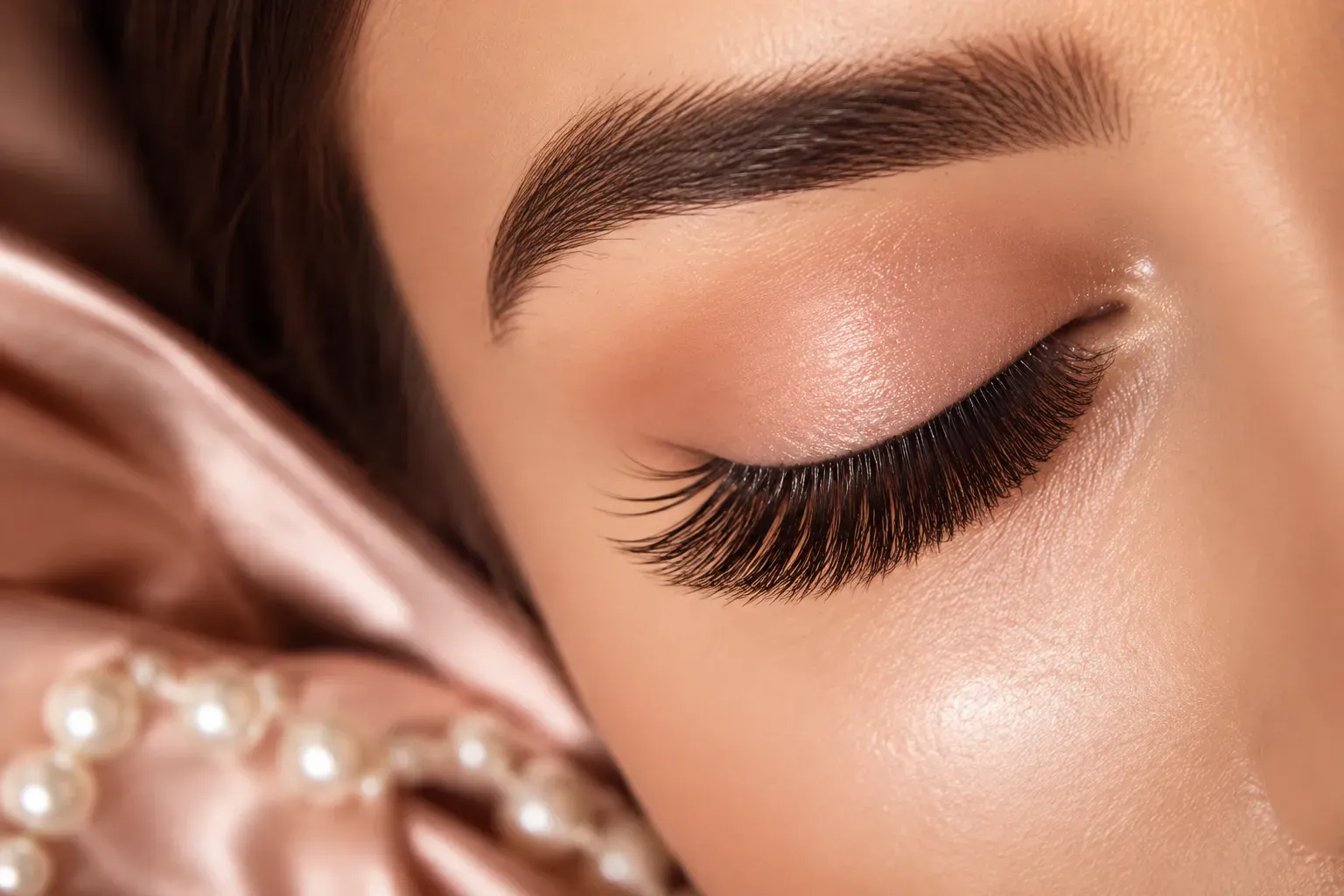 Editorial () hero image: close-up macro beauty photograph of a woman's closed eye with flawless, freshly applied lash
