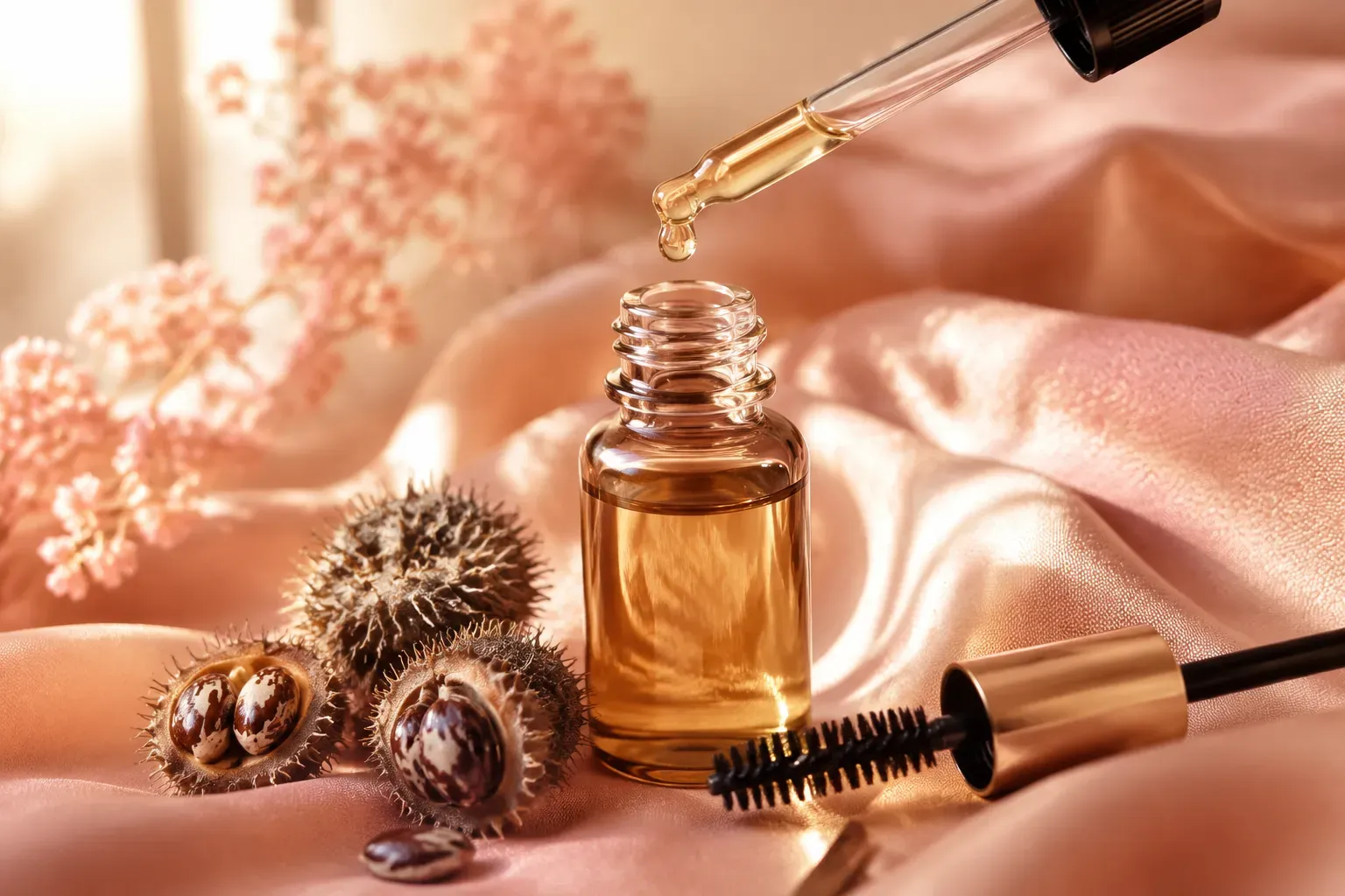 Editorial landscape hero image () of a delicate amber glass dropper bottle of pure castor oil resting on a soft blush-pink