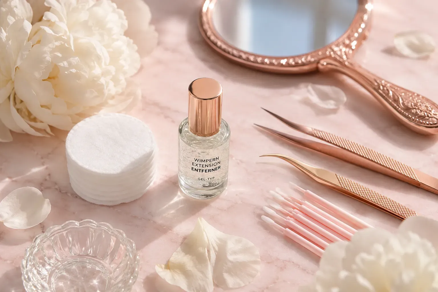 Editorial landscape hero image () of a luxurious beauty studio flat-lay: elegant glass bottle of clear eyelash extension