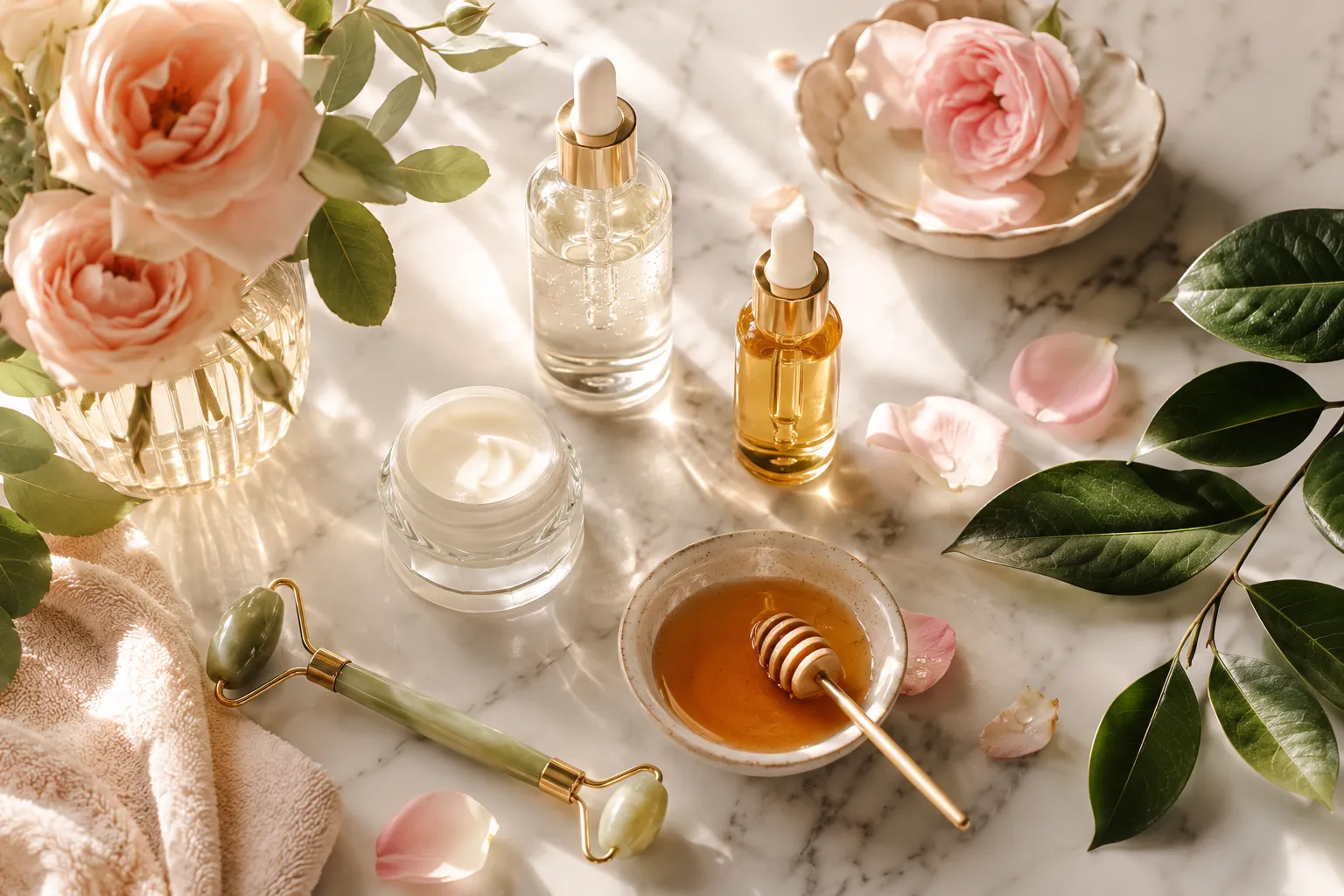 Professional () editorial hero image for a German skincare guide. A serene, luminous flat lay composition on a white marble