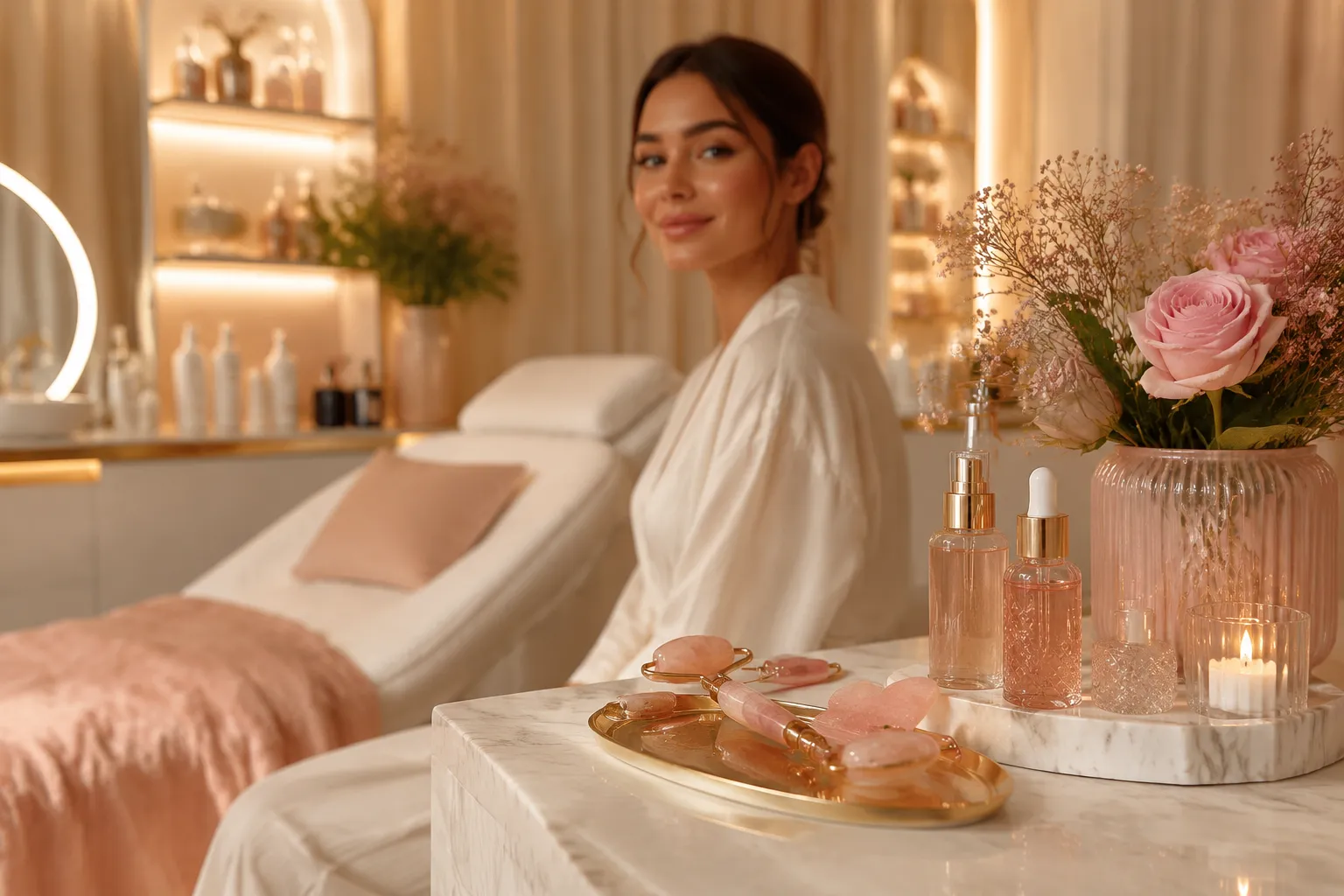 Professional () editorial hero image for an aesthetic beauty treatments article. A serene, luxurious beauty studio setting