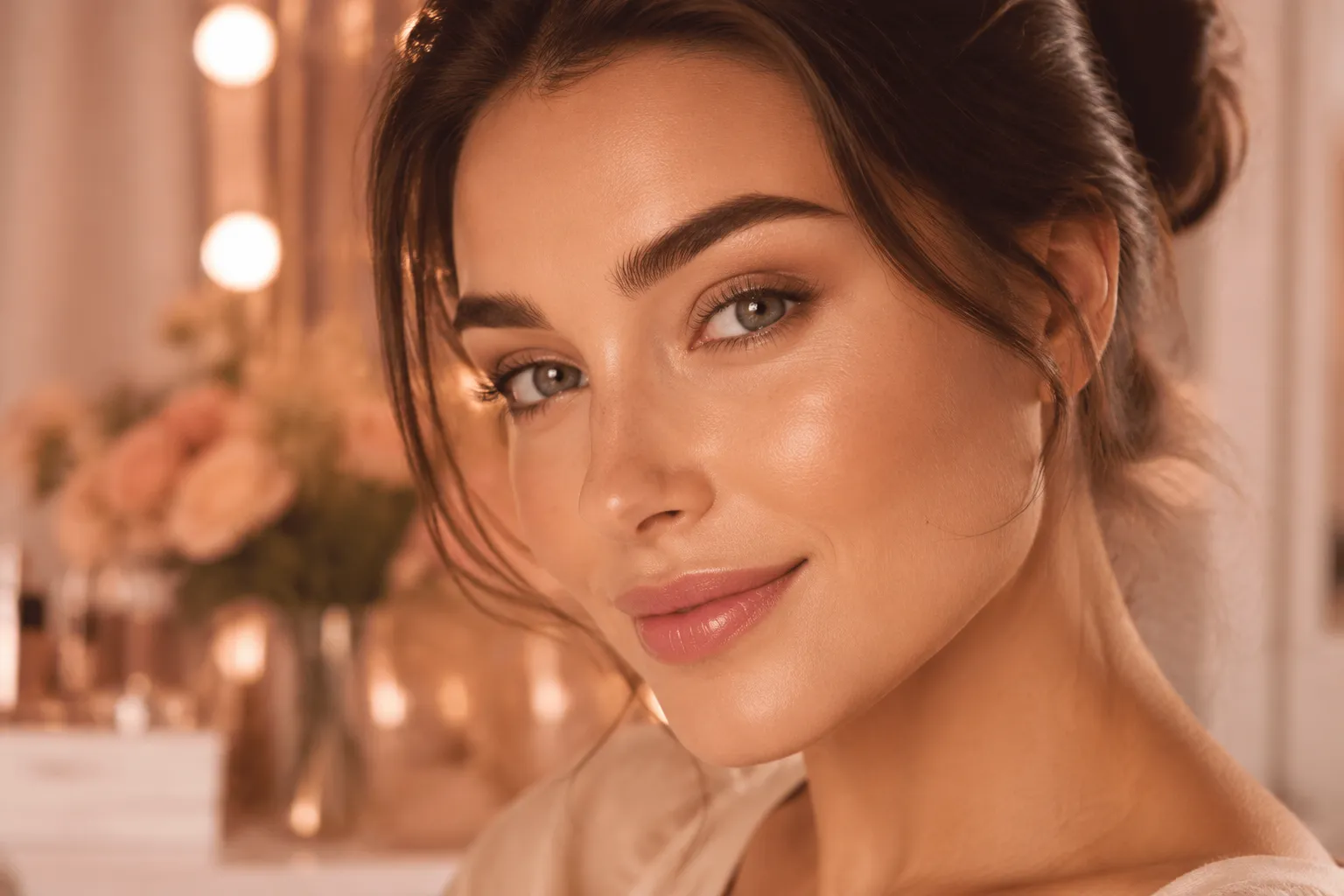 Professional () editorial hero image of a close-up beauty portrait showing a young woman with perfectly shaped, full natural
