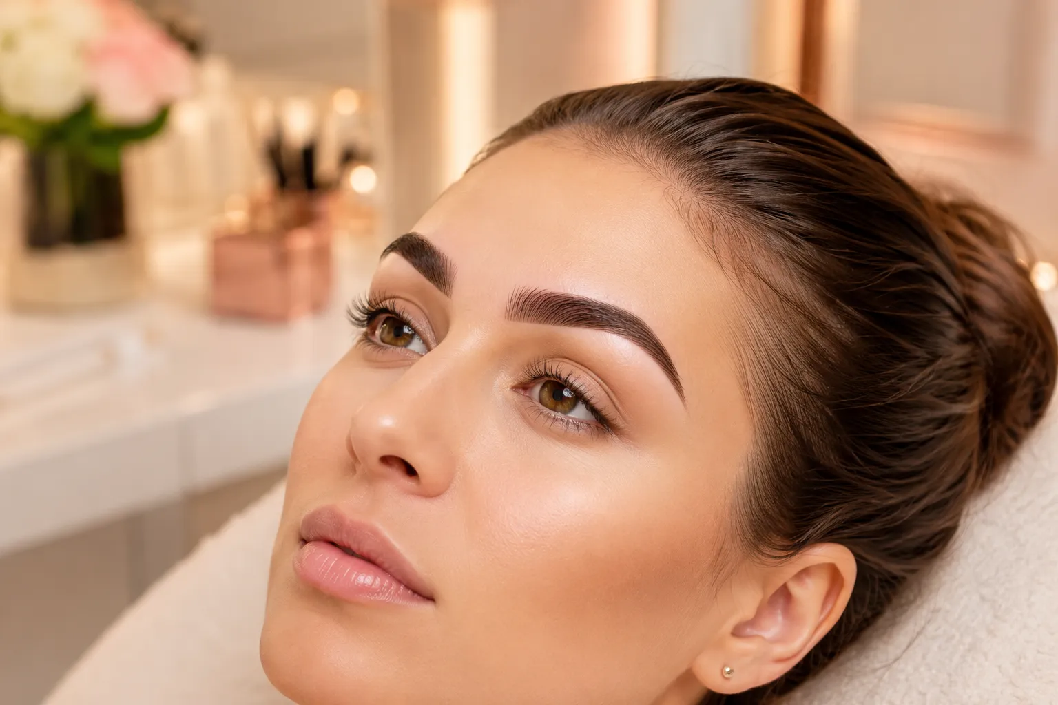 Professional () editorial hero image showing a close-up of a woman's beautifully groomed eyebrows in a luxurious beauty