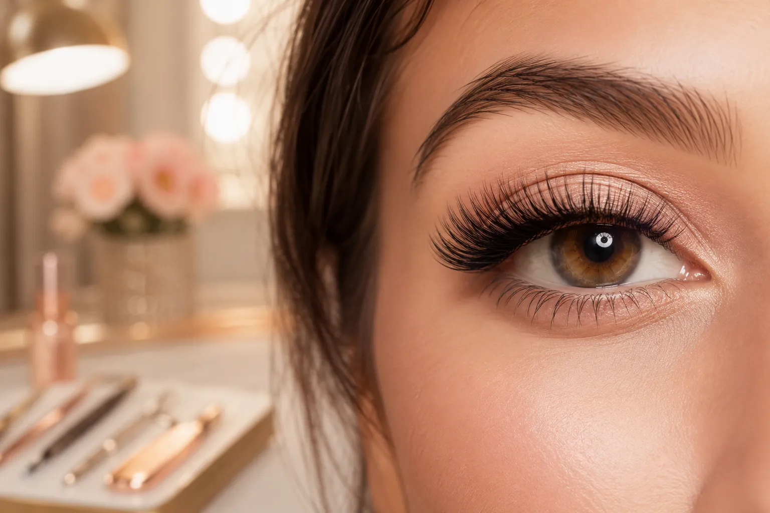Professional () editorial hero image showing a close-up of a woman's eye with beautifully applied eyelash extensions, soft