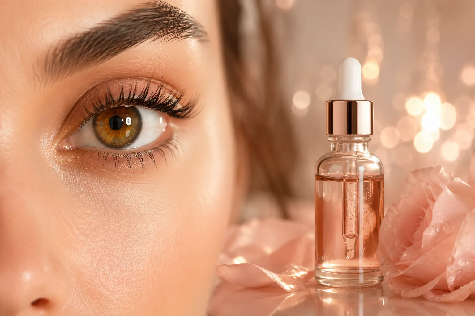 Professional () editorial hero image showing a close-up of a woman's eye with naturally long, healthy lashes, soft bokeh