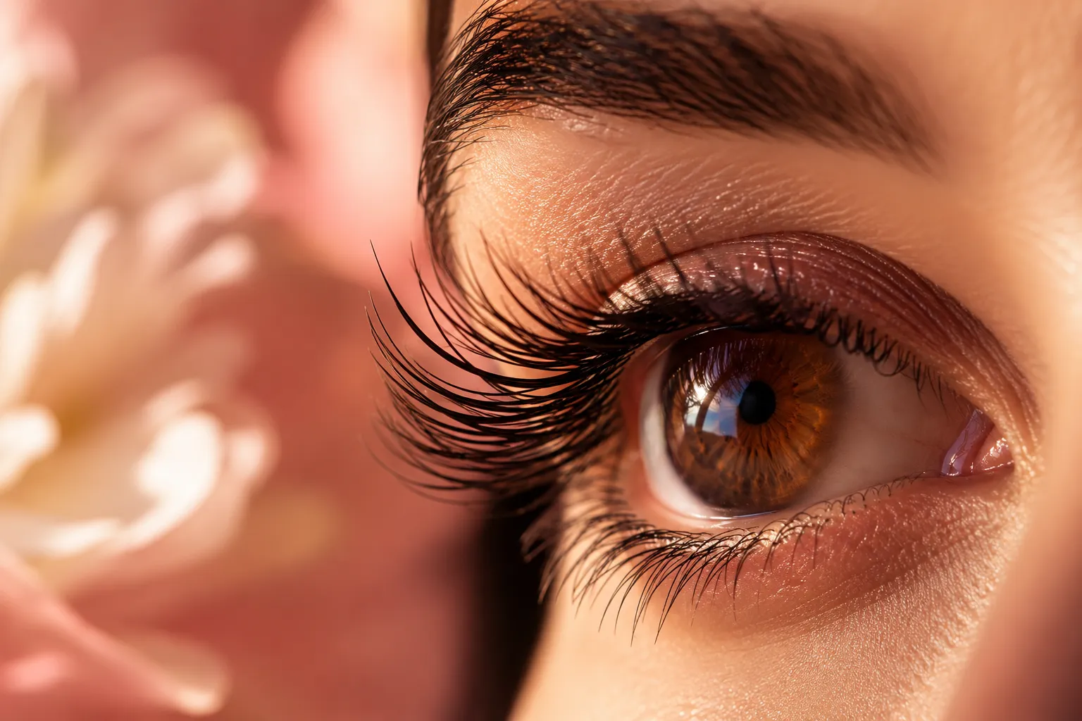 Professional () editorial hero image showing an extreme close-up macro photograph of a beautiful woman's eye with long,