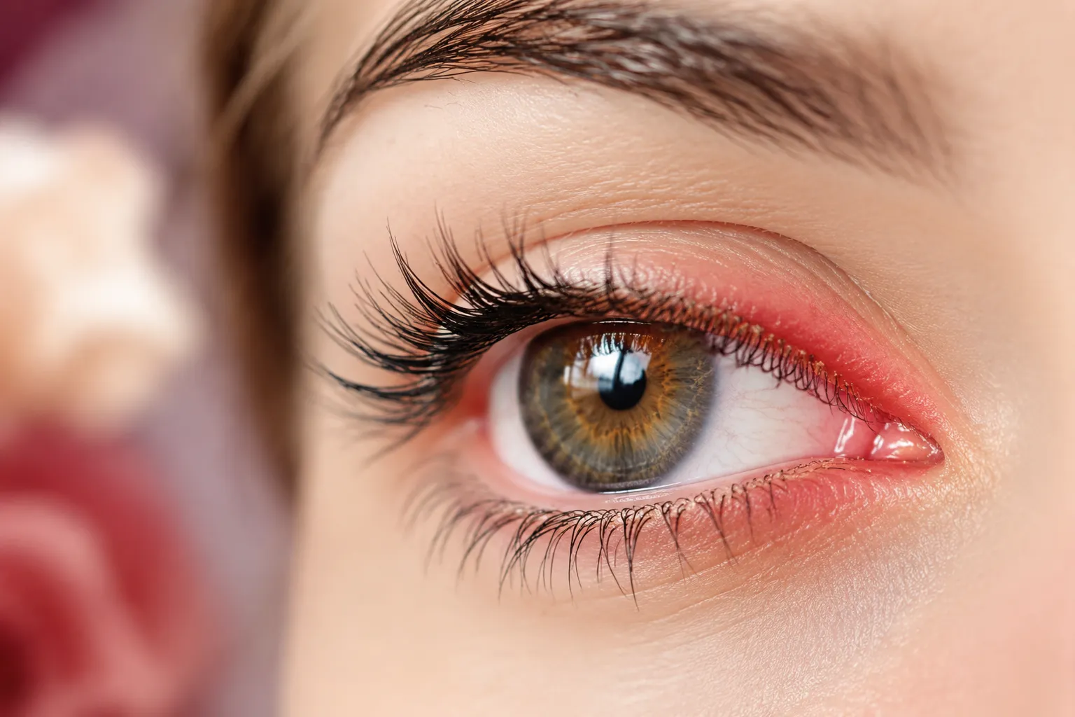 Professional () editorial hero image showing an extreme close-up macro photograph of a human eye with long natural lashes,