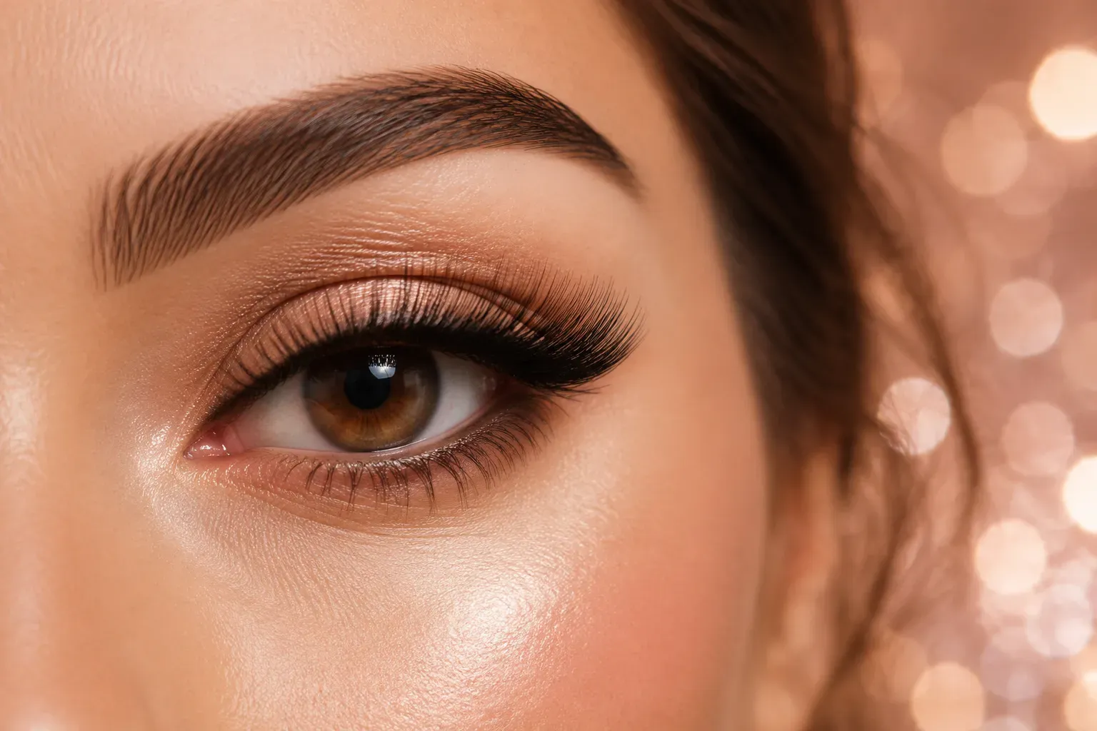 Ultra-close editorial beauty portrait, (), of a woman's eye with luxurious dark eyelash extensions in a soft cat-eye style,