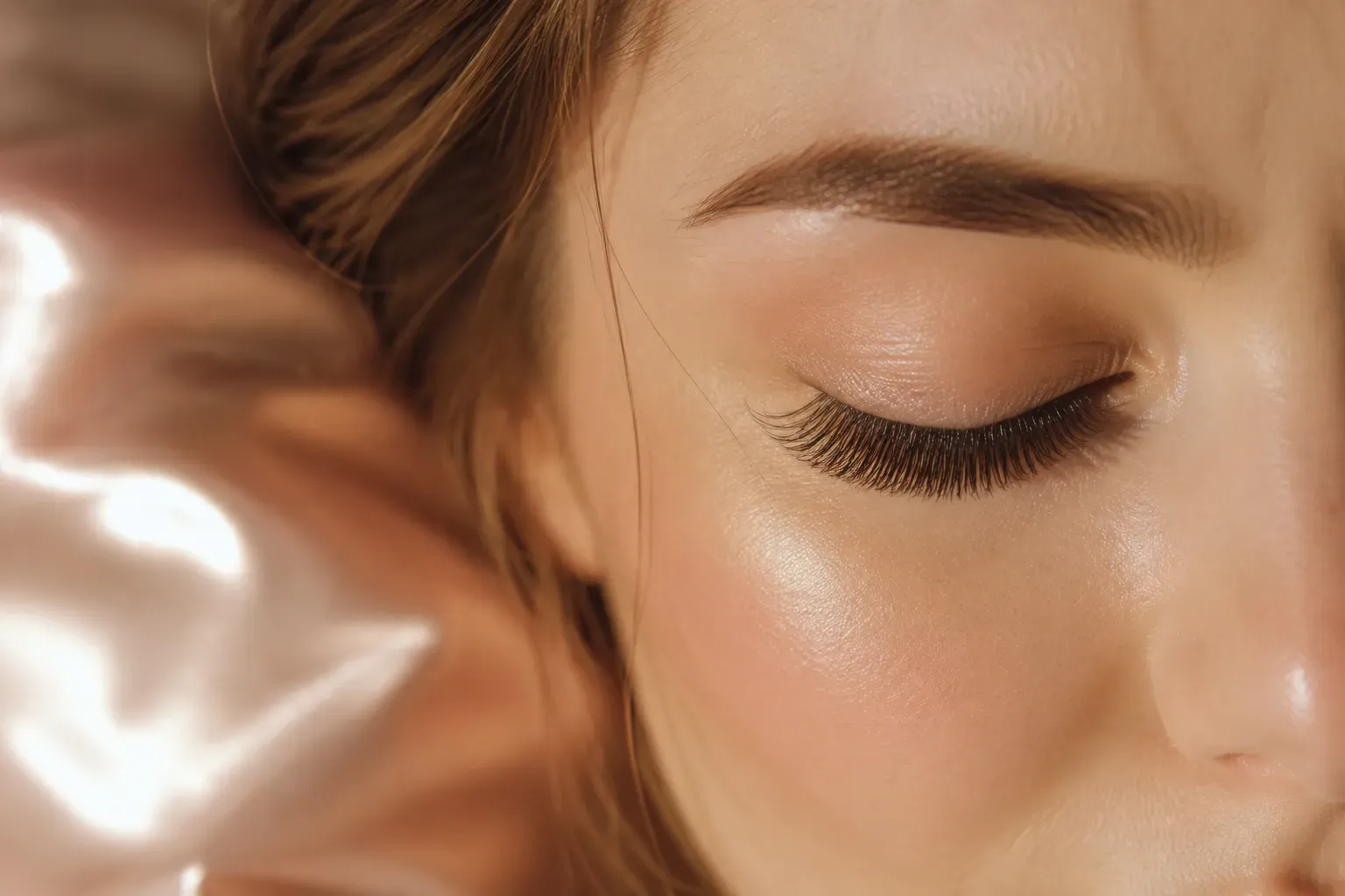 Ultra-close-up editorial beauty photograph in () of a young woman's serene closed eye showing perfectly applied 1:1 classic