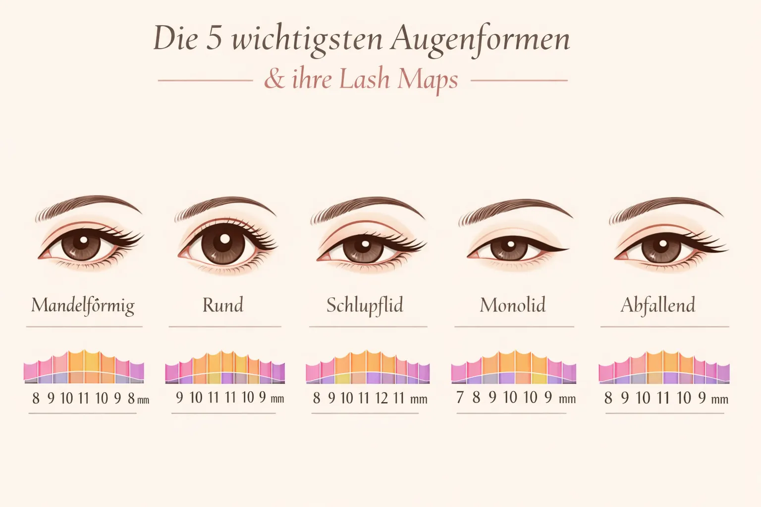 Landschaftsformat () Infografik-Stil: Fünf verschiedene Augenformen (Mandelförmig, Rund, Schlupflid, Monolid, Abfallend)