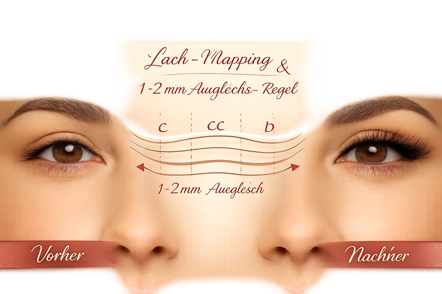 Landschaftsformat () Vorher-Nachher-Vergleichsbild: Links ein Paar leicht asymmetrischer Augen ohne Extensions mit