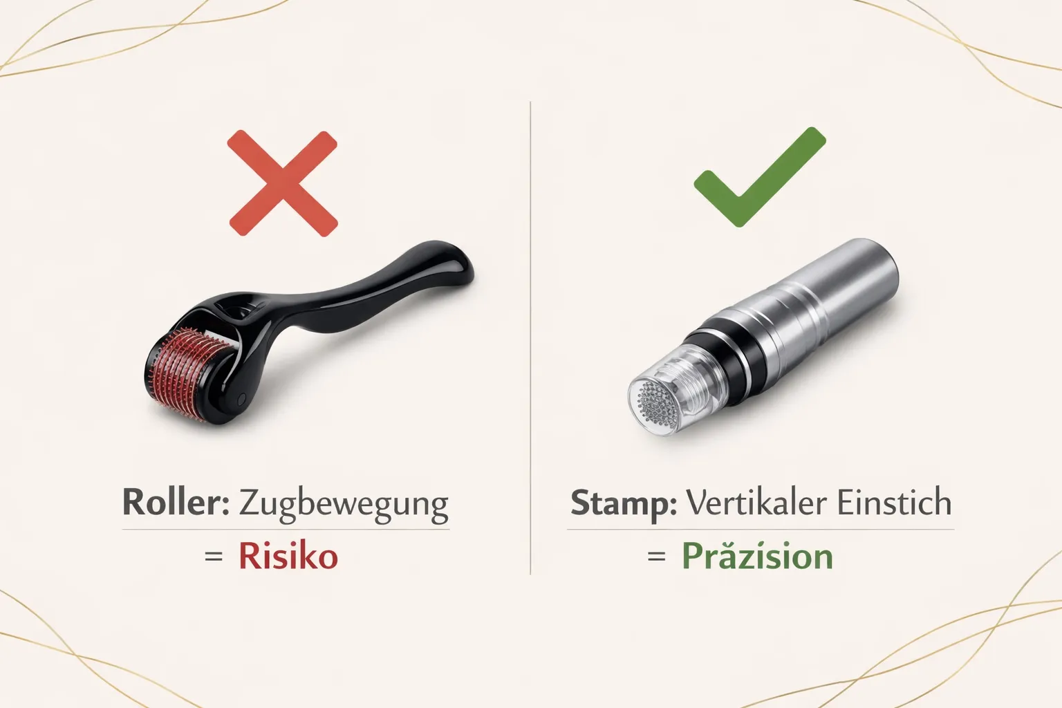 Querformat () Vergleichsinfografik im minimalistischen Design: Links ein Dermaroller mit rotem X-Symbol, rechts ein